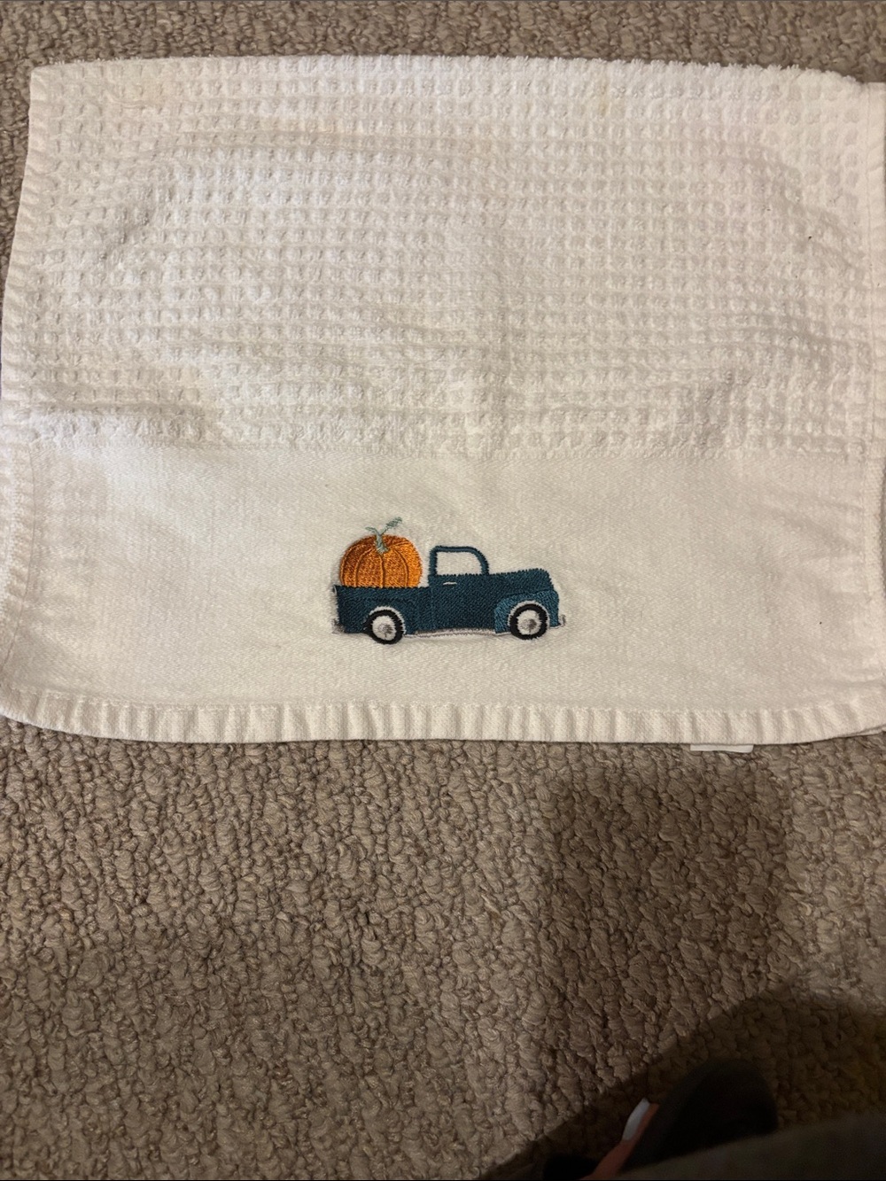 Embroidered Blue Truck Pumpkin White Waffle Weave Kitchen Towel